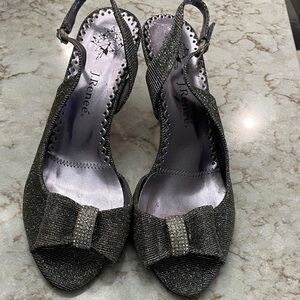 J.Reneé Pewter Glitter Slingback Heels with Rhinestone Bow
